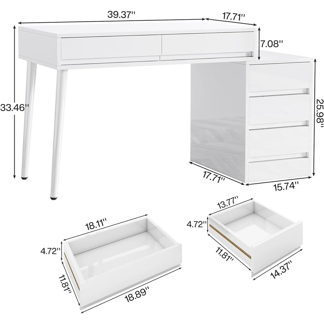 Tribesigns Vanity Desk with 5 Drawers, High Glossy White Dressing Table with Reversible Drawer Cabinet Printer Stand, Image 6