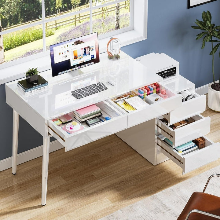 Tribesigns Vanity Desk with 5 Drawers, High Glossy White Dressing Table with Reversible Drawer Cabinet Printer Stand, Image 3