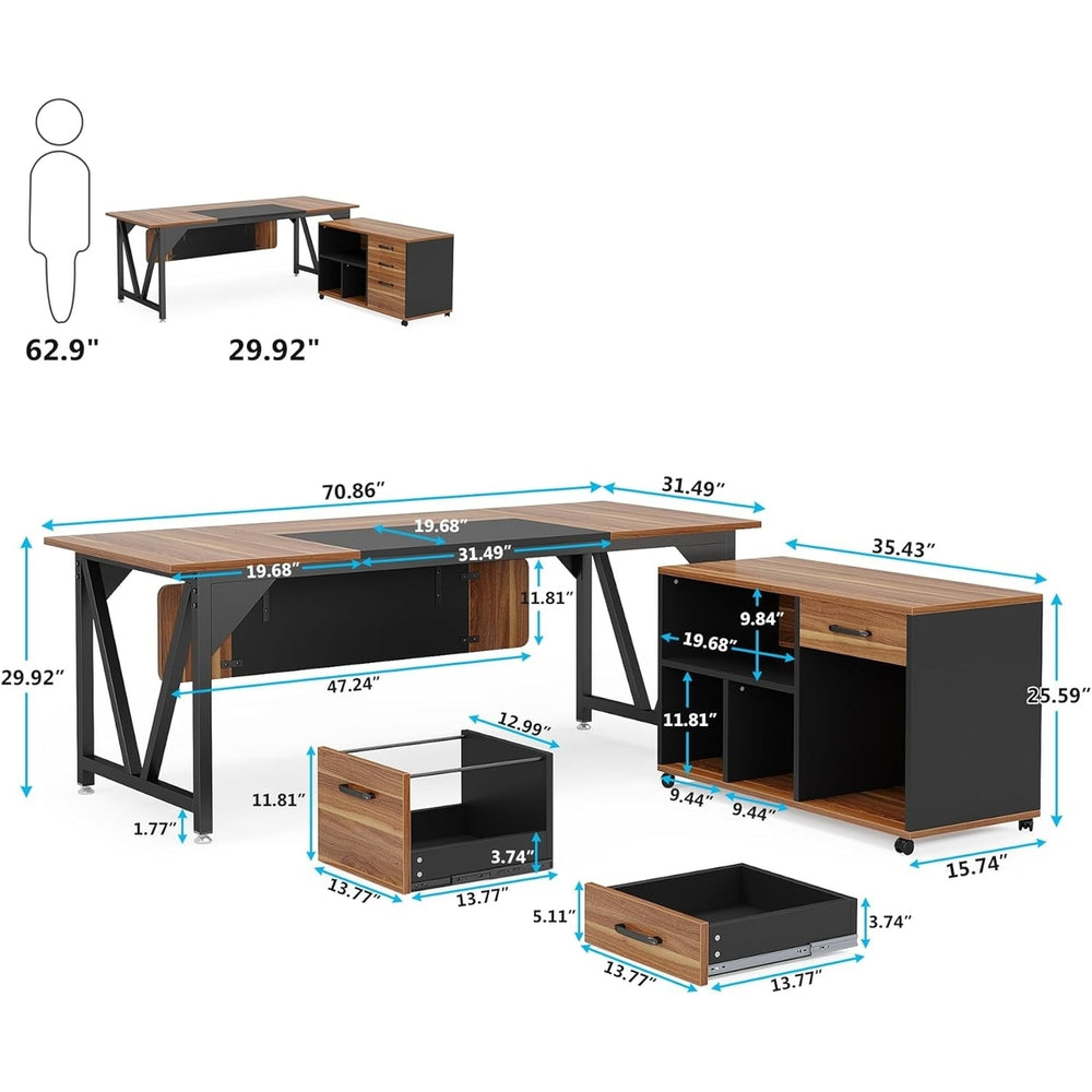 Tribesigns 70.8" Industrial L-Shaped Executive Desk with 35.4" File Cabinet Combo Image 2