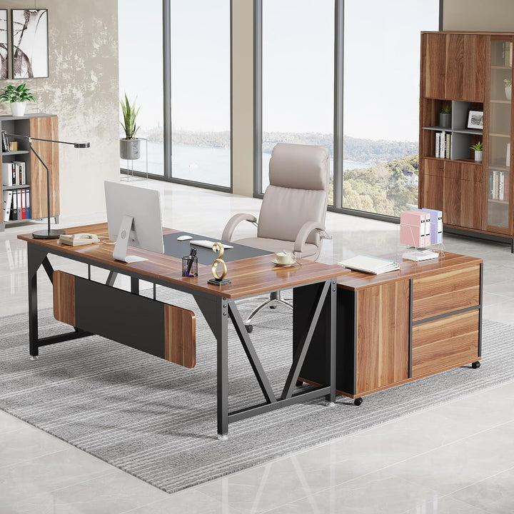 Tribesigns 70.8" Industrial L-Shaped Executive Desk with 35.4" File Cabinet Combo Image 3