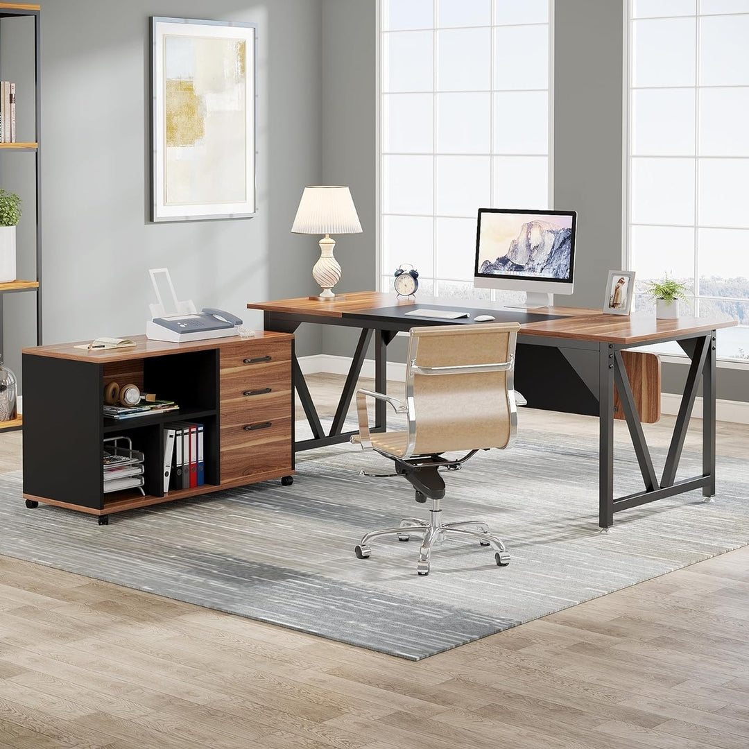 Tribesigns 70.8" Industrial L-Shaped Executive Desk with 35.4" File Cabinet Combo Image 4