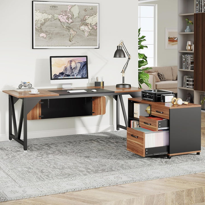 Tribesigns 70.8" Industrial L-Shaped Executive Desk with 35.4" File Cabinet Combo Image 5