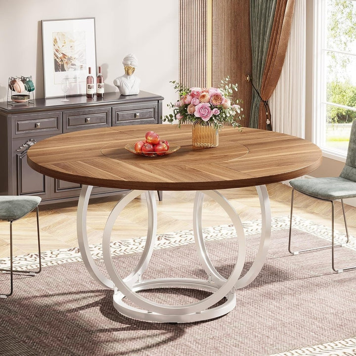 Tribesigns 47 Inch Round Dining Table for 4 Brown Wood White Metal Base Image 1