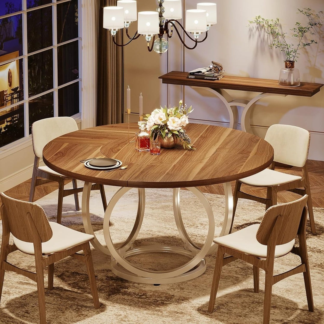 Tribesigns 47 Inch Round Dining Table for 4 Brown Wood White Metal Base Image 2