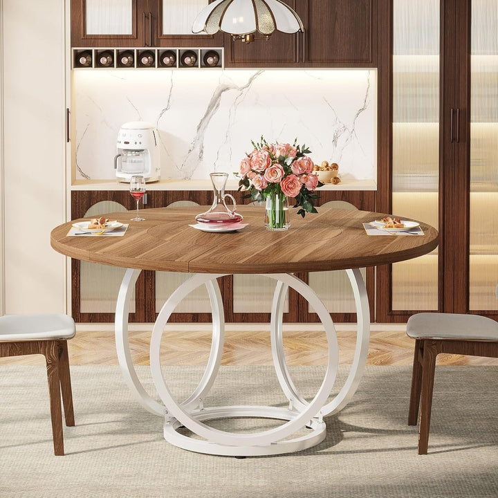 Tribesigns 47 Inch Round Dining Table for 4 Brown Wood White Metal Base Image 3