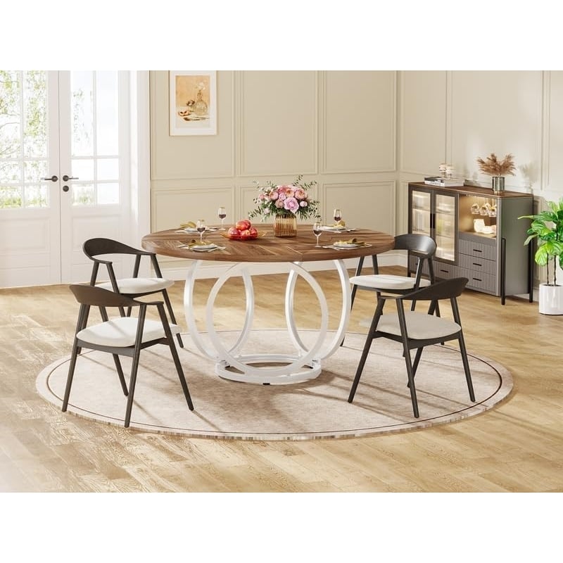 Tribesigns 47 Inch Round Dining Table for 4 Brown Wood White Metal Base Image 5