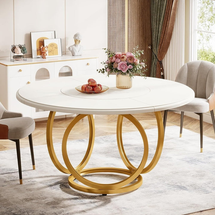 Tribesigns 47 Inch Round Dining Table for 4 Brown Wood White Metal Base Image 7