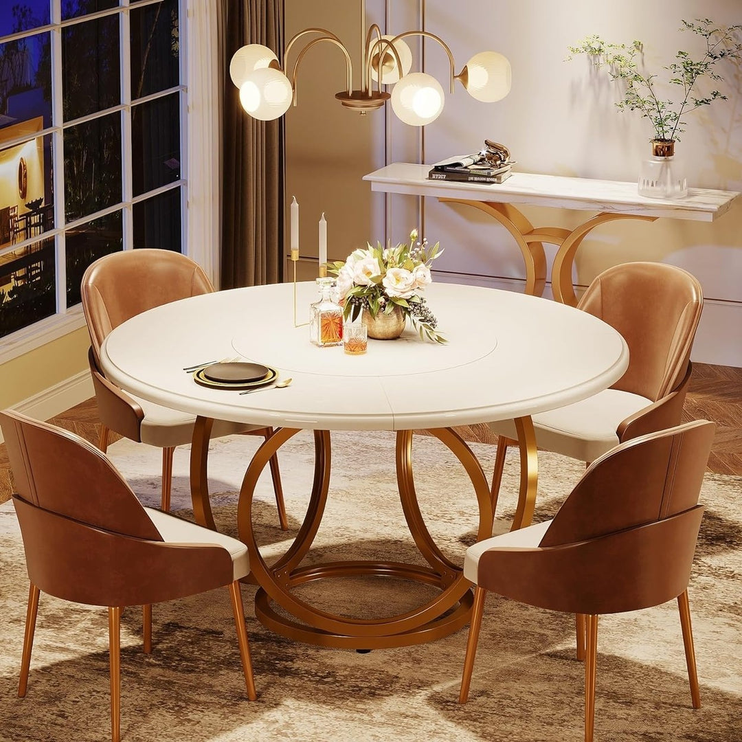 Tribesigns 47 Inch Round Dining Table for 4 Brown Wood White Metal Base Image 8