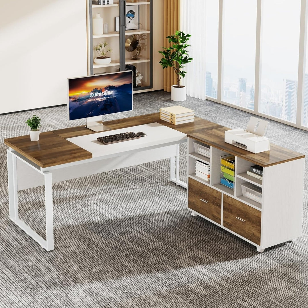 Tribesigns L-Shaped Executive Desk 63" with Reversible File Cabinet Karo Oak White Image 1