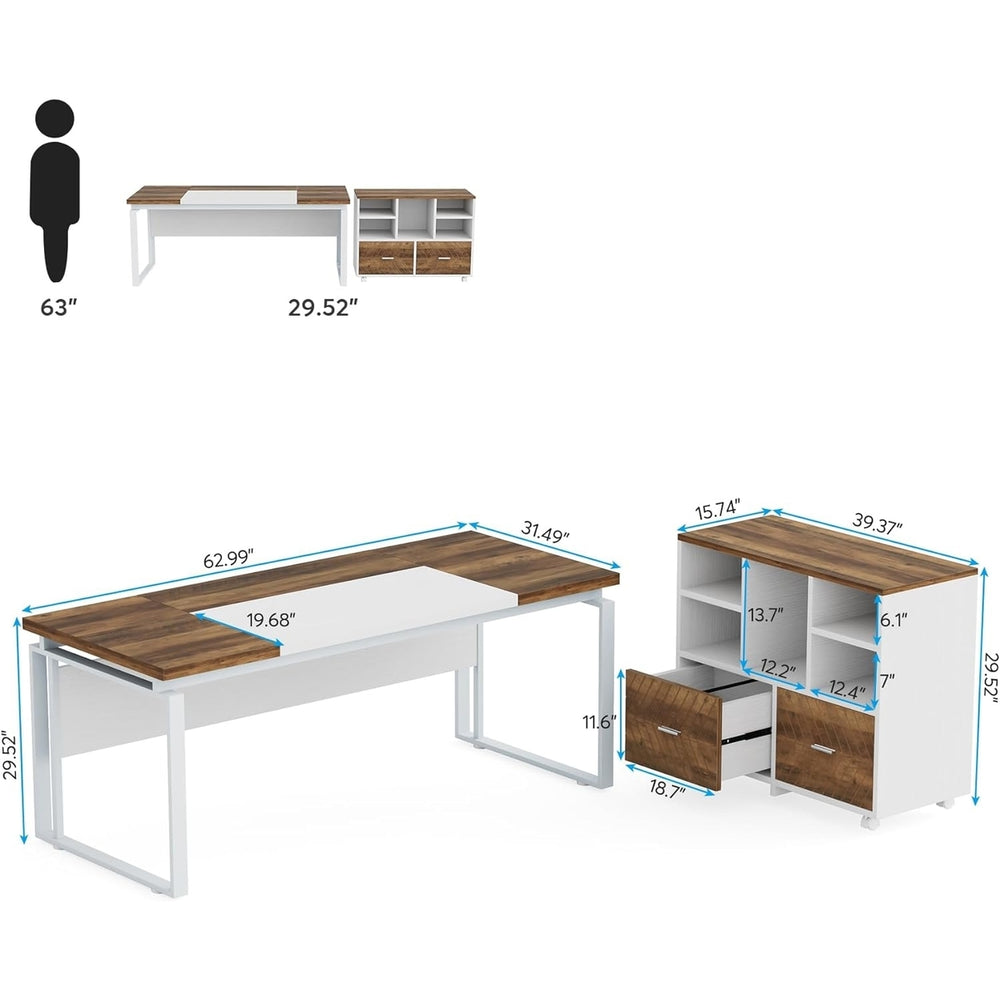 Tribesigns L-Shaped Executive Desk 63" with Reversible File Cabinet Karo Oak White Image 2