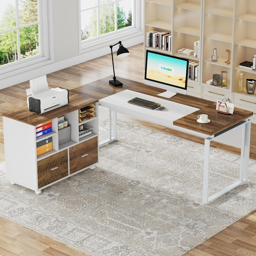 Tribesigns L-Shaped Executive Desk 63" with Reversible File Cabinet Karo Oak White Image 3