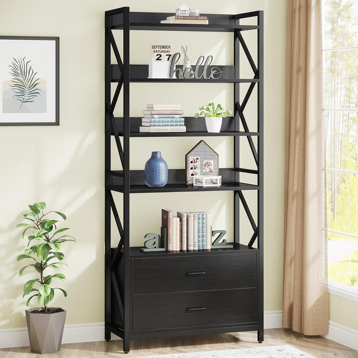 Tribesigns Bookshelf with 2 Drawers, Industrial Bookcase with 2 Drawers, 5 Shelf Open Shelf for Storage Image 1