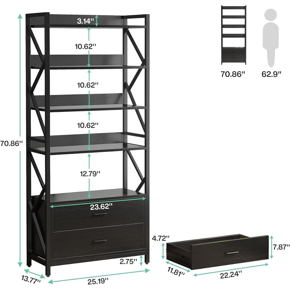 Tribesigns Bookshelf with 2 Drawers, Industrial Bookcase with 2 Drawers, 5 Shelf Open Shelf for Storage Image 2