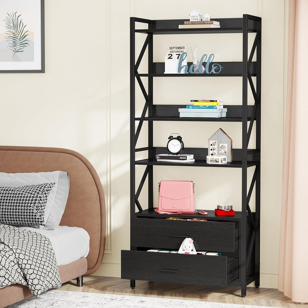 Tribesigns Bookshelf with 2 Drawers, Industrial Bookcase with 2 Drawers, 5 Shelf Open Shelf for Storage Image 3