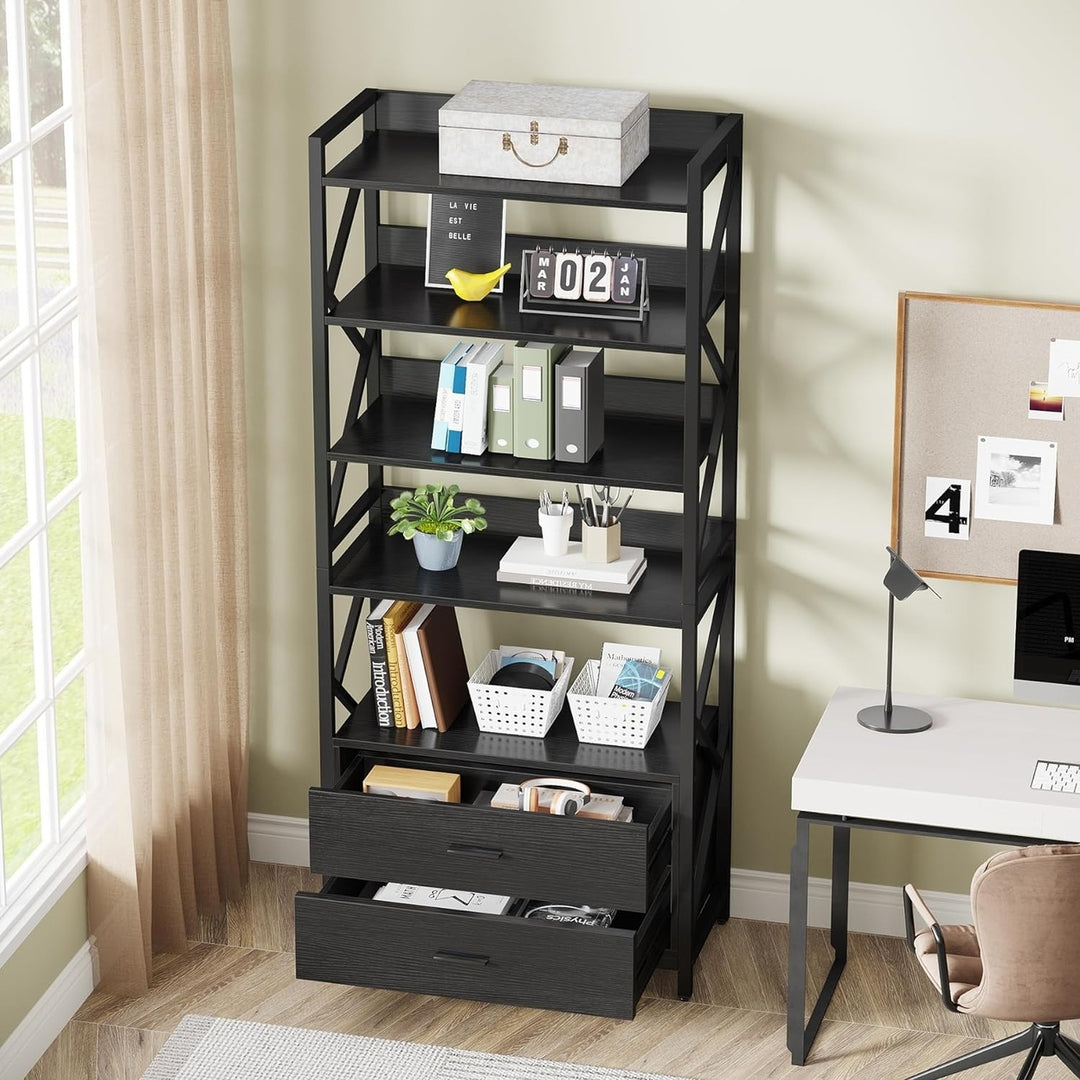 Tribesigns Bookshelf with 2 Drawers, Industrial Bookcase with 2 Drawers, 5 Shelf Open Shelf for Storage Image 4