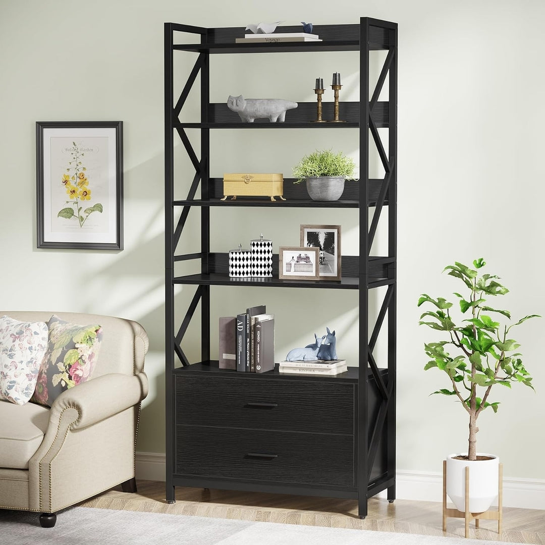 Tribesigns Bookshelf with 2 Drawers, Industrial Bookcase with 2 Drawers, 5 Shelf Open Shelf for Storage Image 5