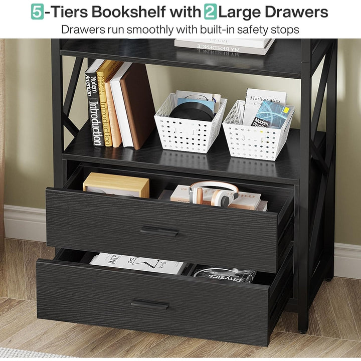 Tribesigns Bookshelf with 2 Drawers, Industrial Bookcase with 2 Drawers, 5 Shelf Open Shelf for Storage Image 6