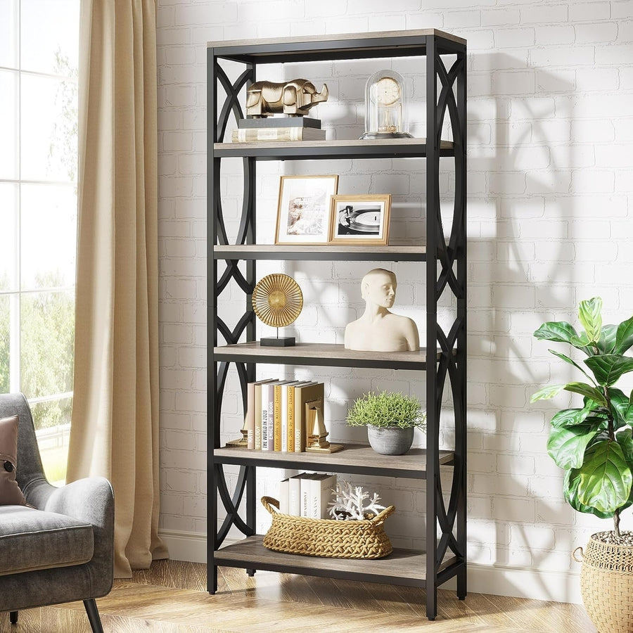 Tribesigns 6-Tier Wooden Bookcase 70.8" Tall Modern Grey Metal Frame Storage Image 1