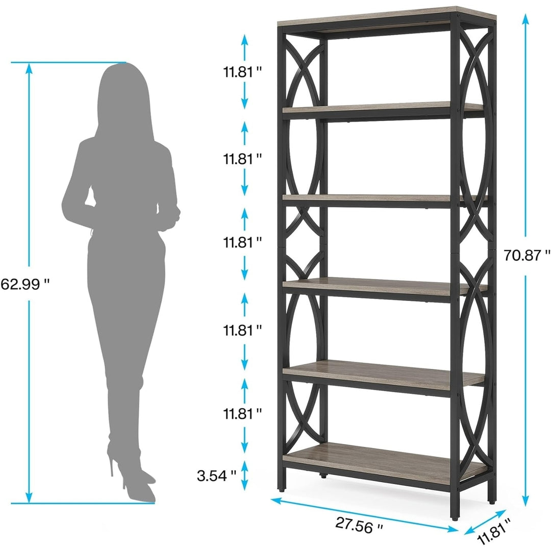 Tribesigns 6-Tier Wooden Bookcase 70.8" Tall Modern Grey Metal Frame Storage Image 2