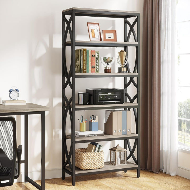 Tribesigns 6-Tier Wooden Bookcase 70.8" Tall Modern Grey Metal Frame Storage Image 3