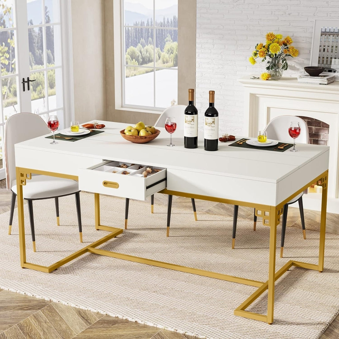 Tribesigns 63 Inch Modern Dining Table Rectangular White Gold Legs with Drawers Image 2