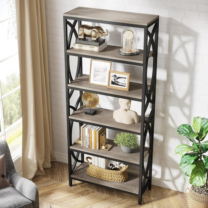 Tribesigns 6-Tier Wooden Bookcase 70.8" Tall Modern Grey Metal Frame Storage Image 5