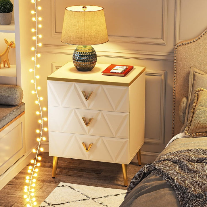 Tribesigns 3-Drawer Nightstand White with Gold Legs Luxury Bedside Table Storage Image 1