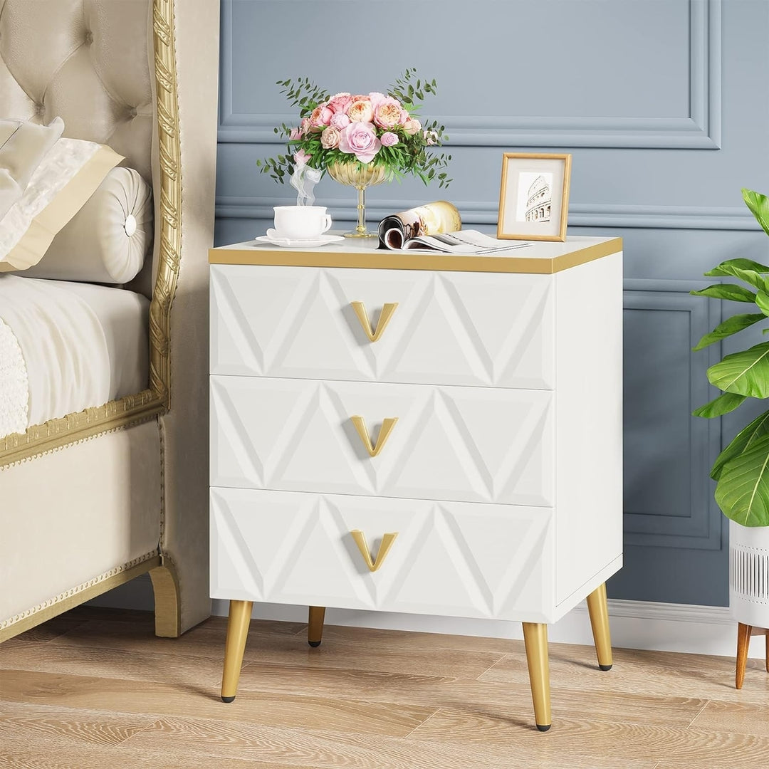 Tribesigns 3-Drawer Nightstand White with Gold Legs Luxury Bedside Table Storage Image 4