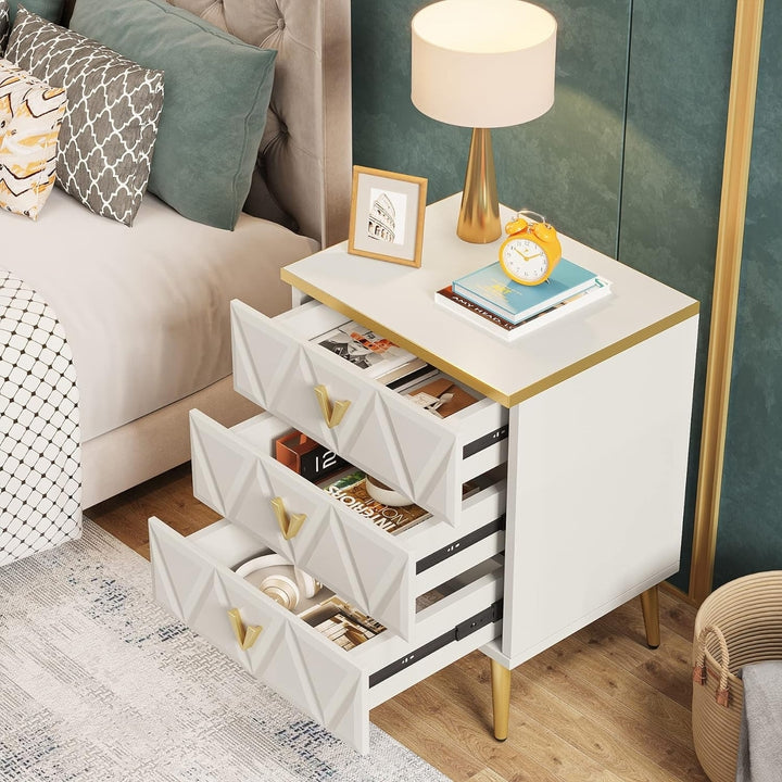 Tribesigns 3-Drawer Nightstand White with Gold Legs Luxury Bedside Table Storage Image 5