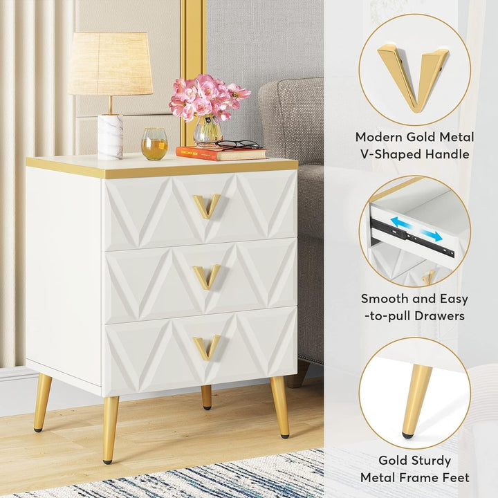 Tribesigns 3-Drawer Nightstand White with Gold Legs Luxury Bedside Table Storage Image 6