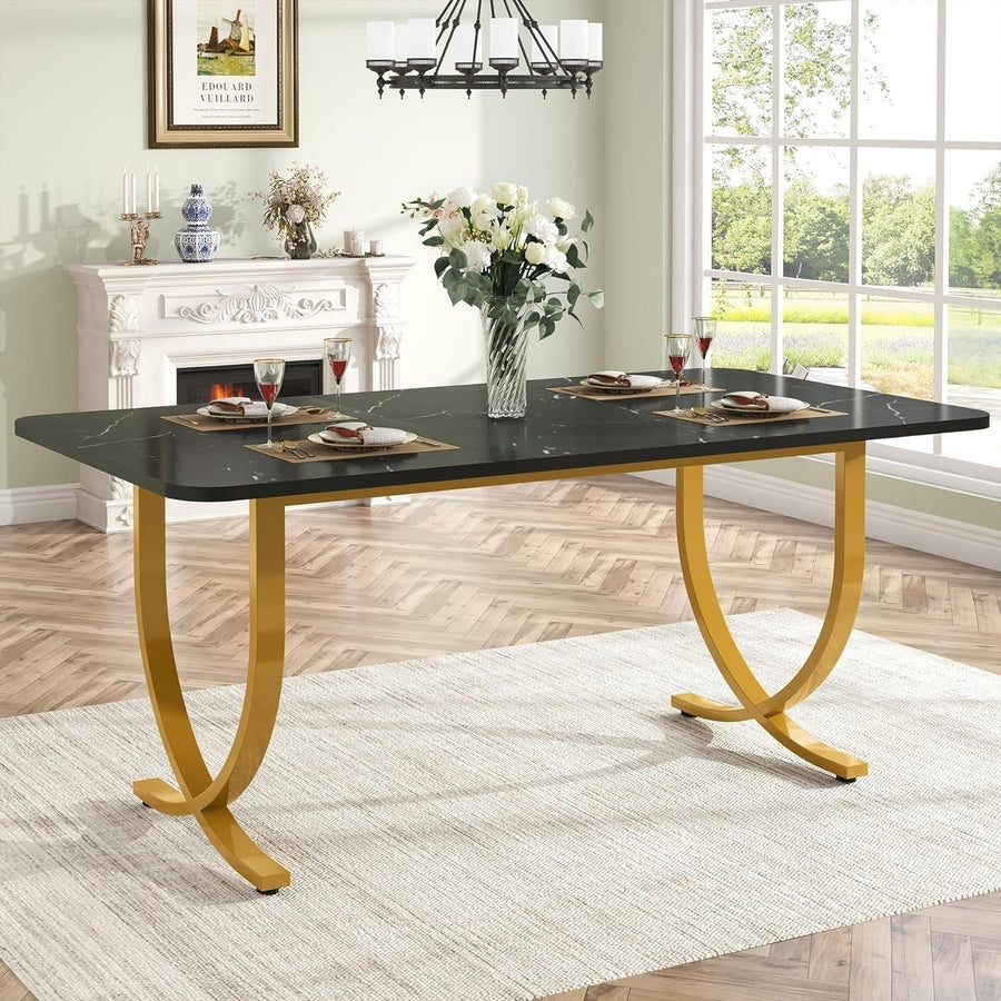 Tribesigns Modern Rectangular Dining Table Faux Marble 63in Gold Metal Legs Image 1