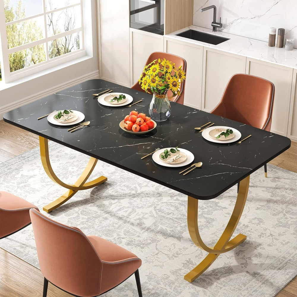 Tribesigns Modern Rectangular Dining Table Faux Marble 63in Gold Metal Legs Image 2