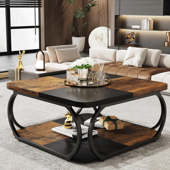 Tribesigns 40 Inch Square Coffee Table Two Tier Wood Storage Rustic Black Brown Image 5