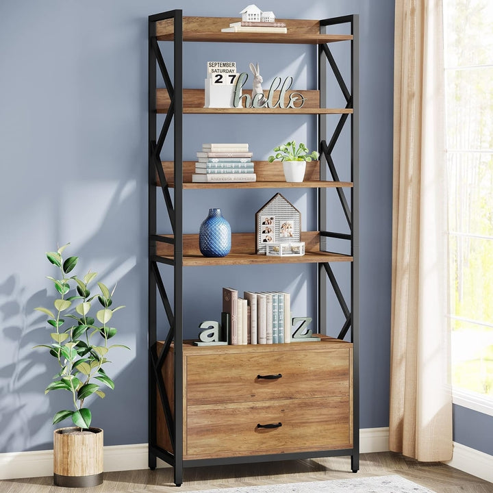 Tribesigns Bookshelf with Drawers, 70.8" Industrial Bookcase with 2 Drawers, 5 Shelf Open Shelf for Storage Image 1