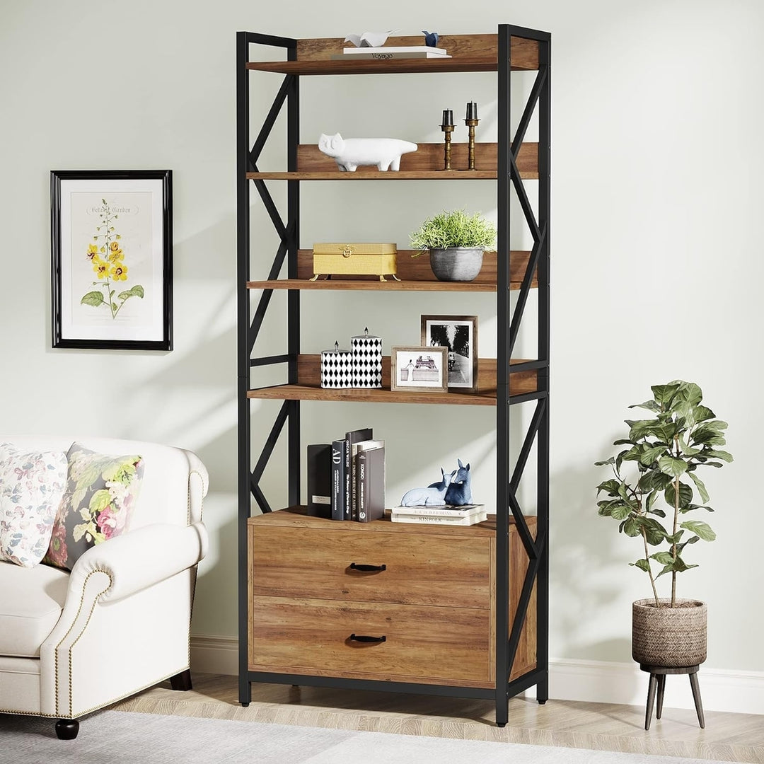 Tribesigns Bookshelf with Drawers, 70.8" Industrial Bookcase with 2 Drawers, 5 Shelf Open Shelf for Storage Image 3