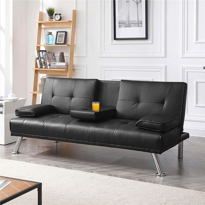 Best Choice Products Modern Faux Leather Futon Sofa Bed Fold Up and Down Recliner Couch with Cup Holders - Black Image 2