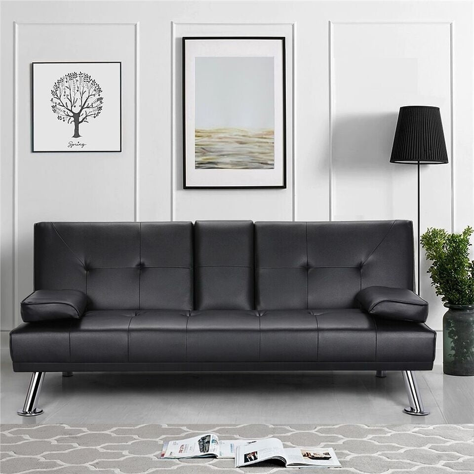 Best Choice Products Modern Faux Leather Futon Sofa Bed Fold Up and Down Recliner Couch with Cup Holders - Black Image 3