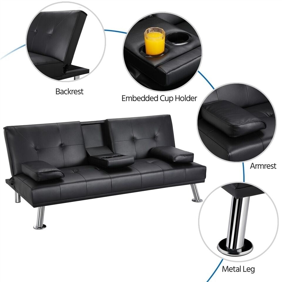 Best Choice Products Modern Faux Leather Futon Sofa Bed Fold Up and Down Recliner Couch with Cup Holders - Black Image 7