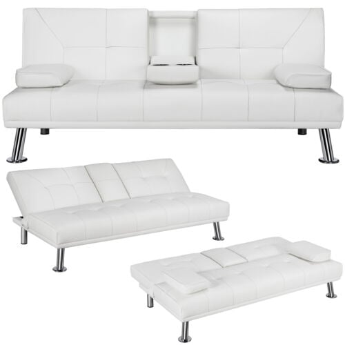 Modern Faux Leather Futon Sofa Bed Fold Up and Down Recliner Couch with Cup Holder White Image 1