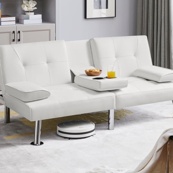 Modern Faux Leather Futon Sofa Bed Fold Up and Down Recliner Couch with Cup Holder White Image 3