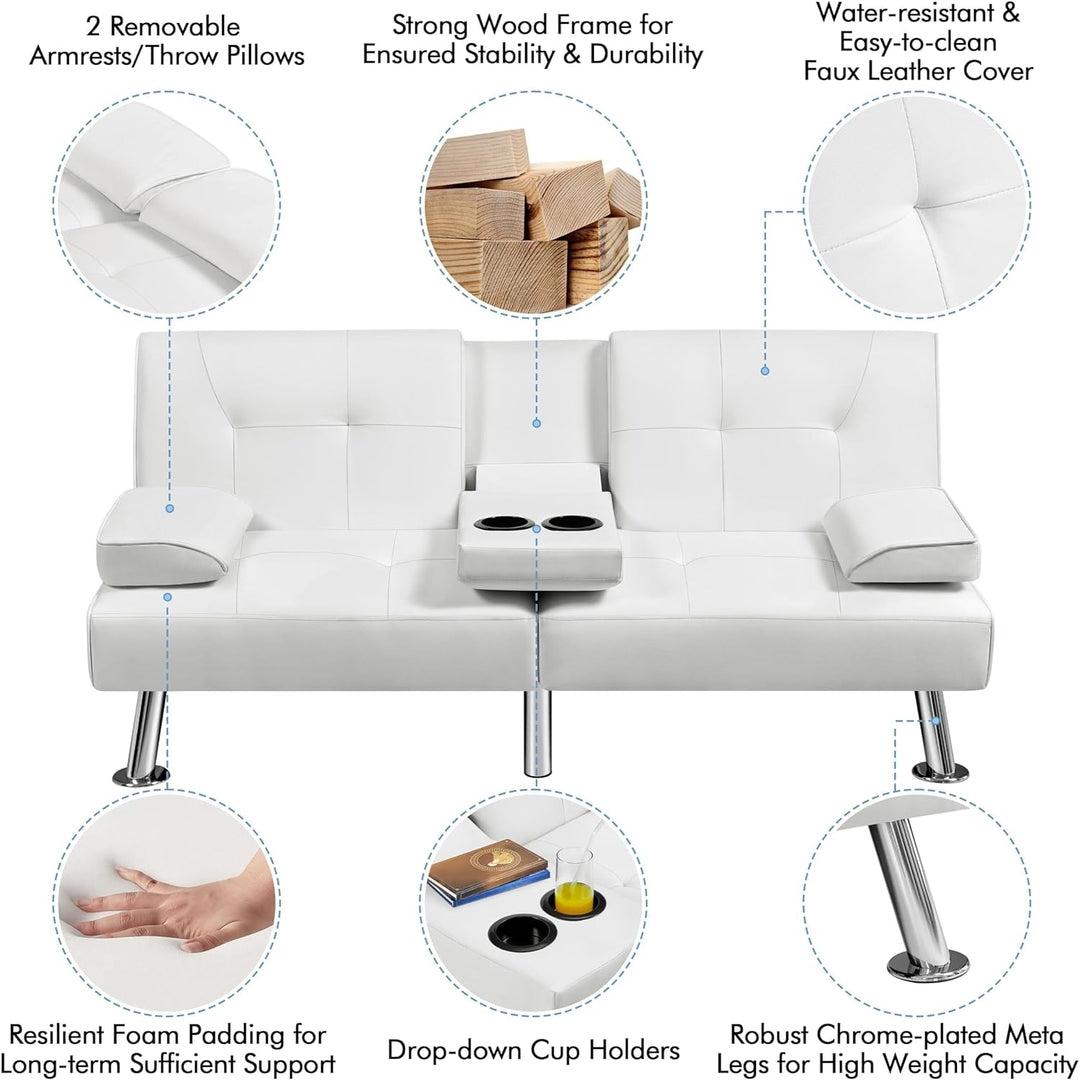 Modern Faux Leather Futon Sofa Bed Fold Up and Down Recliner Couch with Cup Holder White Image 6