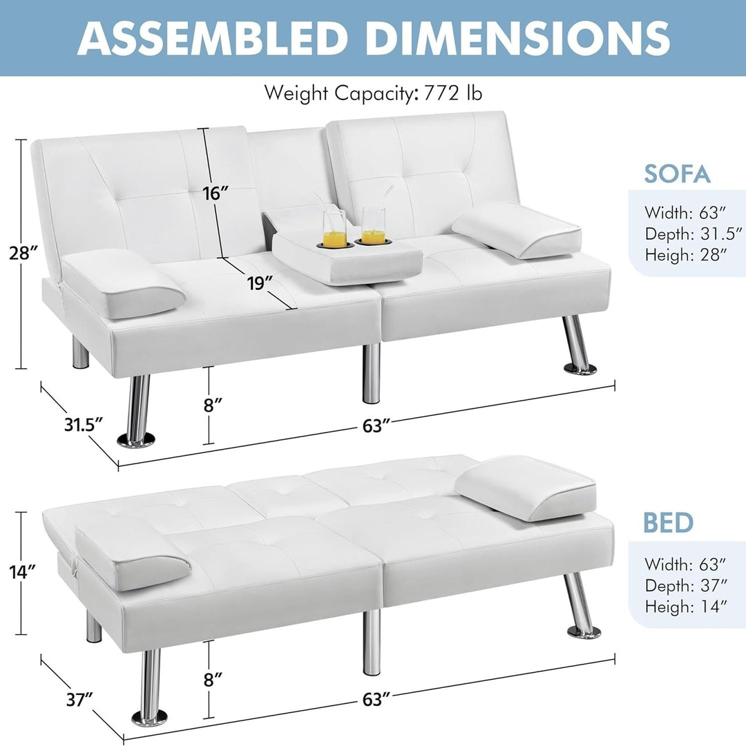 Modern Faux Leather Futon Sofa Bed Fold Up and Down Recliner Couch with Cup Holder White Image 7