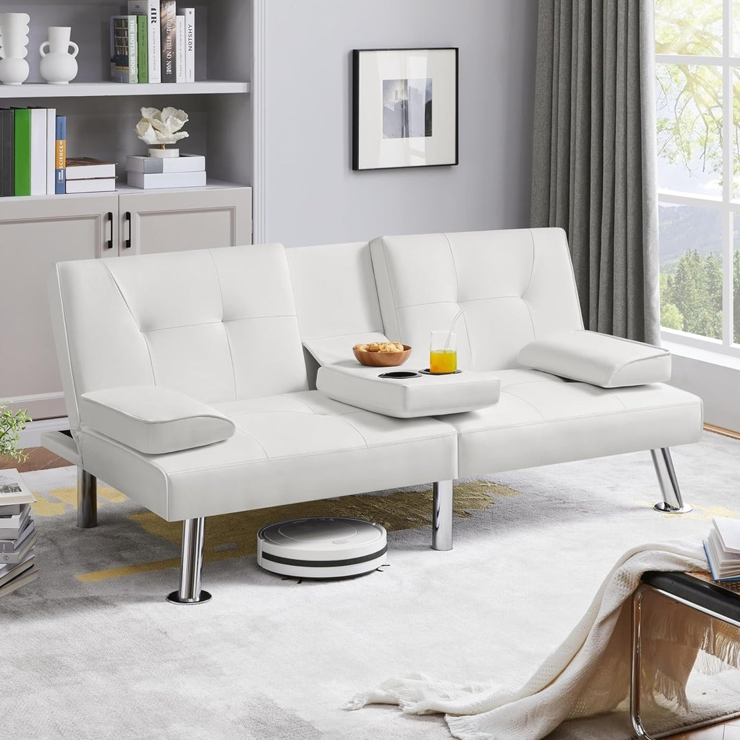 Modern Faux Leather Futon Sofa Bed Fold Up and Down Recliner Couch with Cup Holder White Image 8