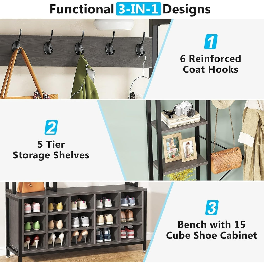 Tribesigns Entryway Bench with Coat Rack Grey Hall Tree with Bench and Shoe Storage Shelves, Industrial Mudroom Bench Image 6