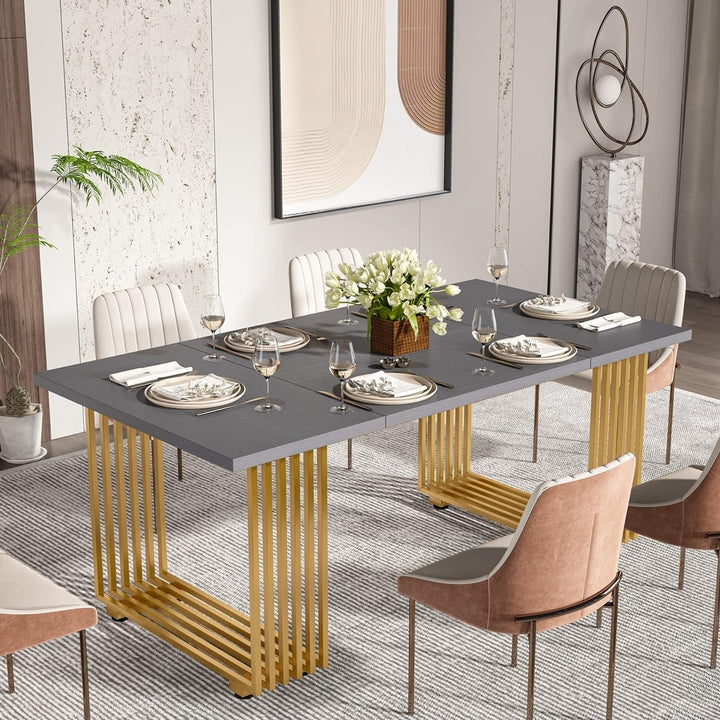 Tribesigns Modern Wood Dining Table Grey 70.8 Inches for 6-8 People Gold Legs Image 2