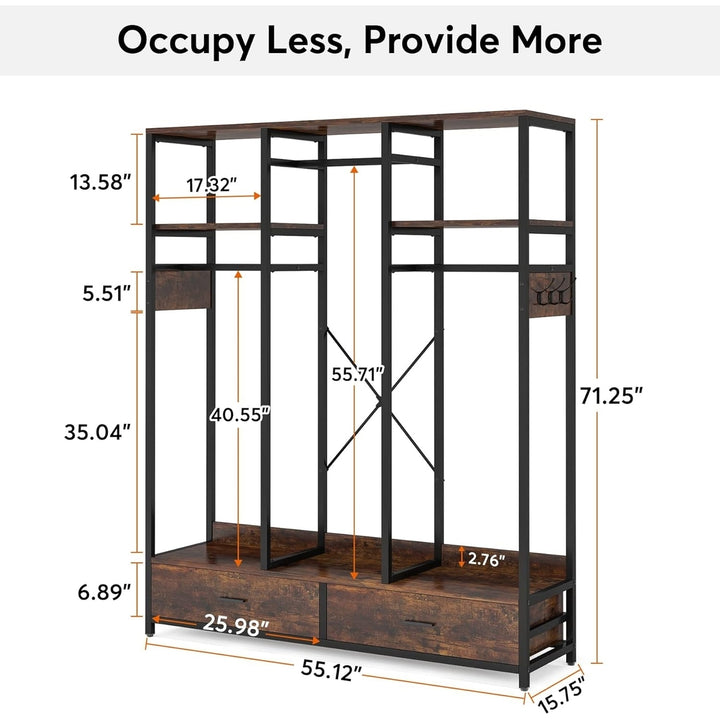 Tribesigns Clothes Rack Wooden Metal Wardrobe Closet with Drawers and Hooks Image 6