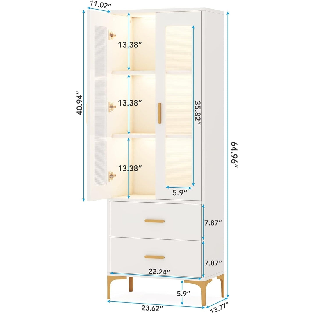 Tribesigns White Bookcase with Doors LED Light 3-Tier Shelves 2 Drawers Image 2