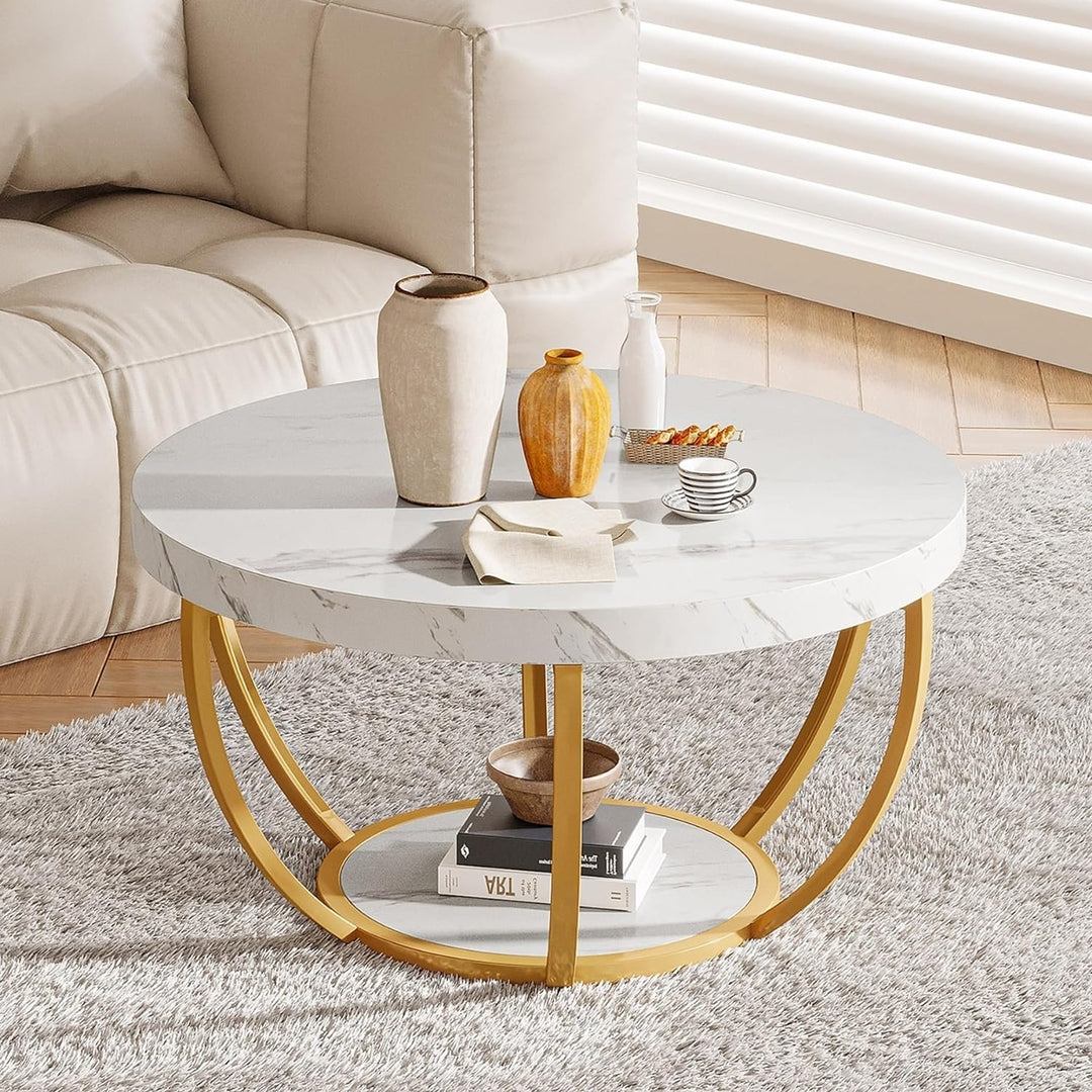 Tribesigns Modern Coffee Table, 2 Tier Round Coffee Table with Faux White Marble and Golden Metal Legs Image 1