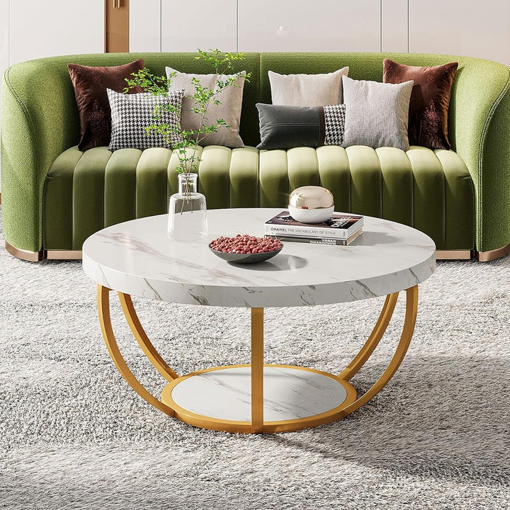 Tribesigns Modern Coffee Table, 2 Tier Round Coffee Table with Faux White Marble and Golden Metal Legs Image 3