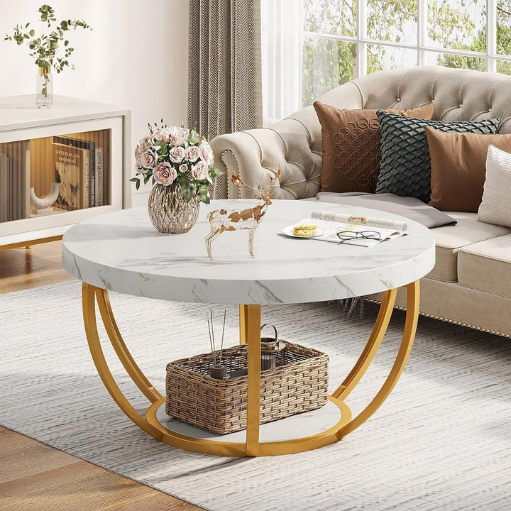 Tribesigns Modern Coffee Table, 2 Tier Round Coffee Table with Faux White Marble and Golden Metal Legs Image 4